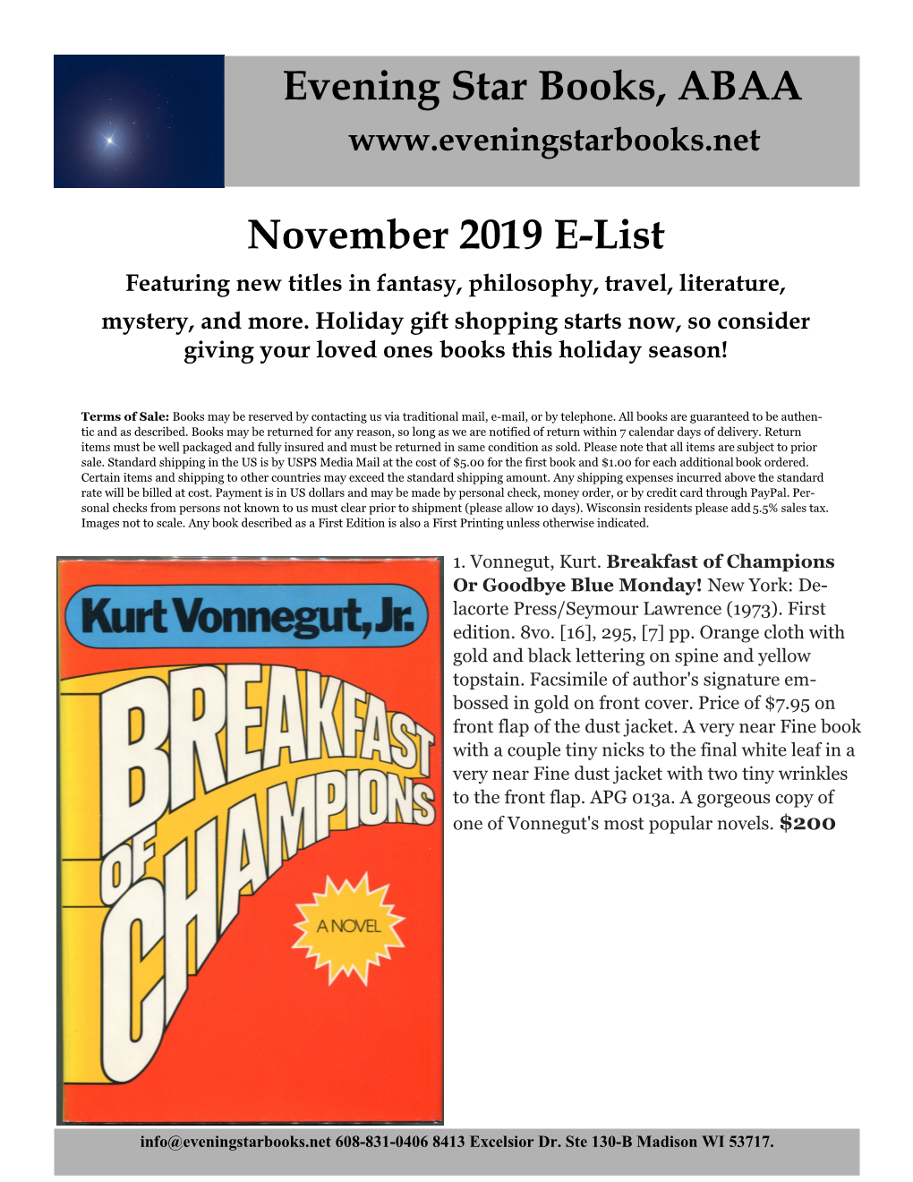 November 2019 E-List Evening Star Books, ABAA