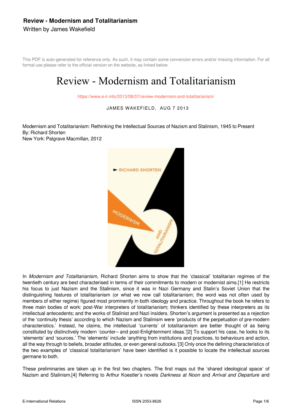 Modernism and Totalitarianism Written by James Wakefield