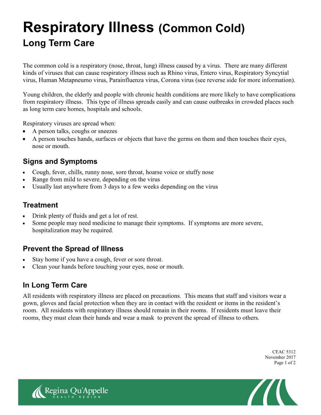 Respiratory Illness (Common Cold) Long Term Care