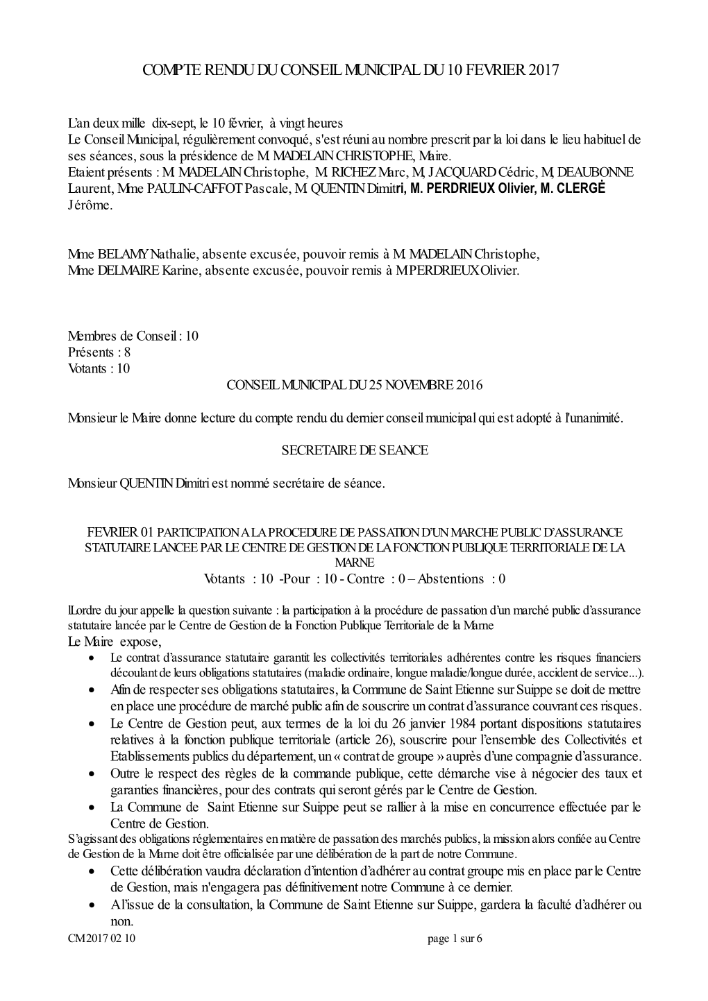 Compte Rendu Du Conseil Municipal Du 10 Fevrier 2017