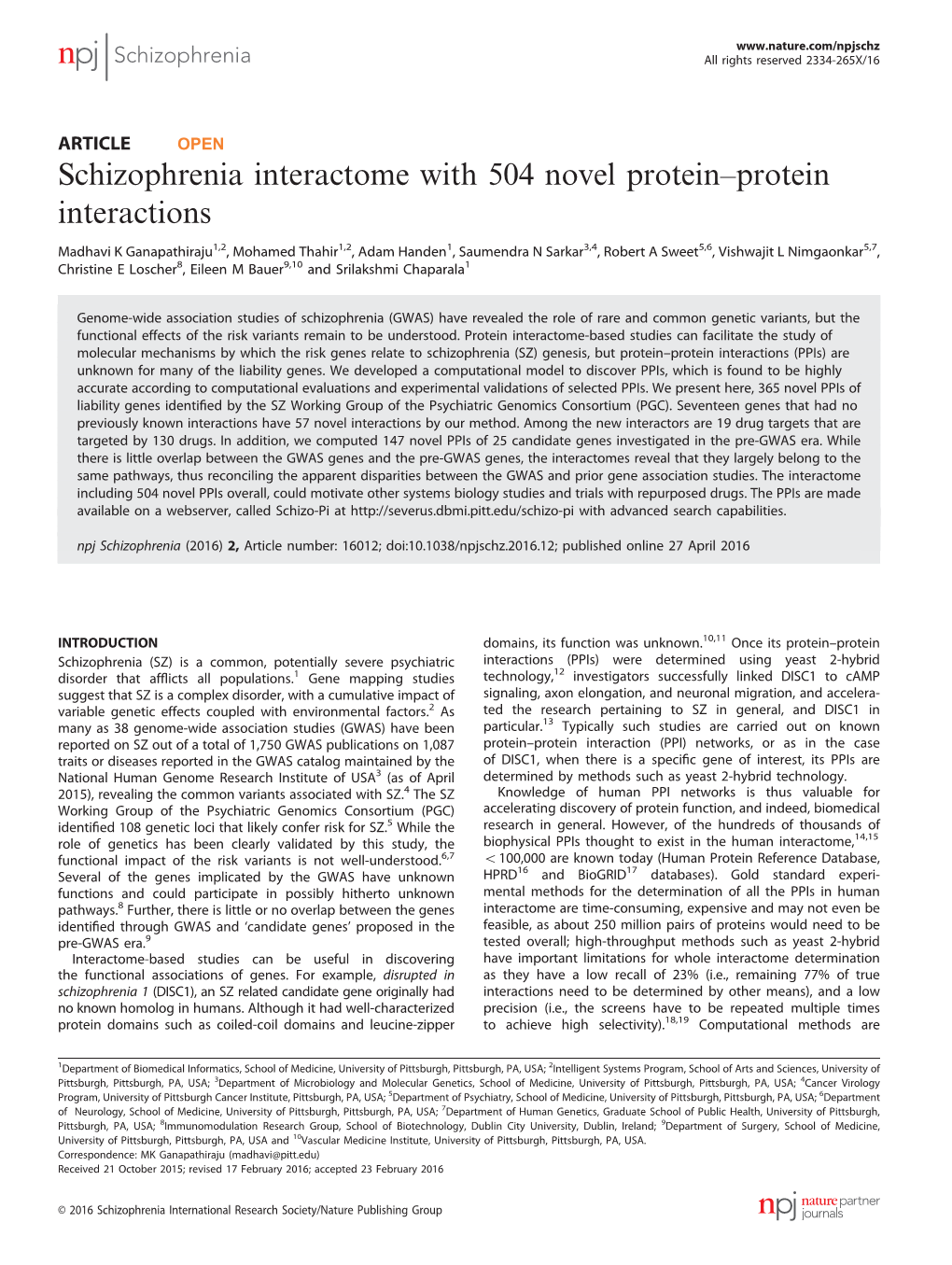 Schizophrenia Interactome with 504 Novel Protein–Protein Interactions