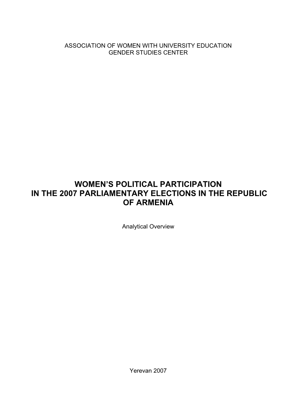 Women's Political Participation in the 2007 Parliamentary Elections in Armenia