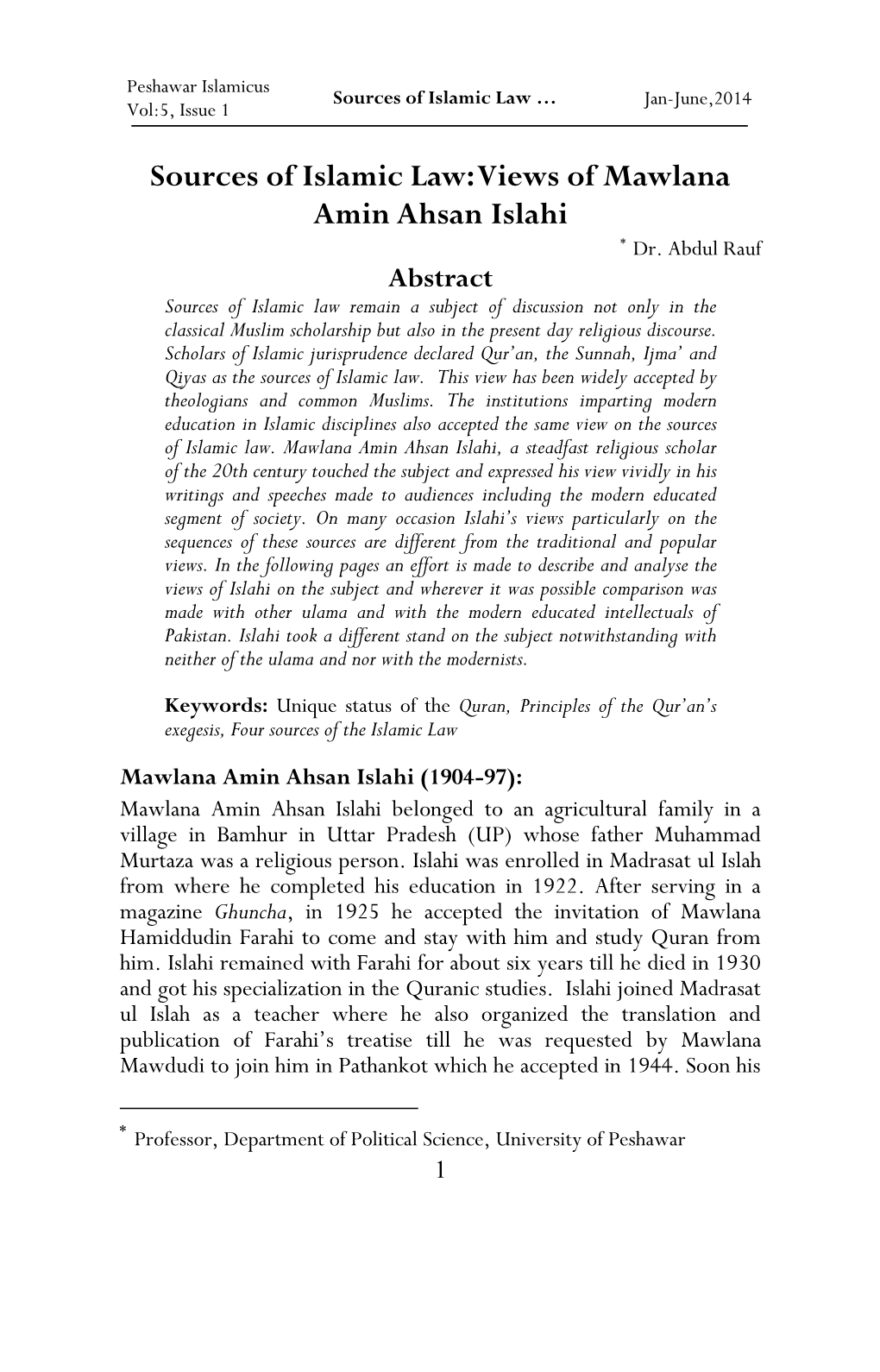 Sources of Islamic Law: Views of Mawlana Amin Ahsan Islahi  Dr
