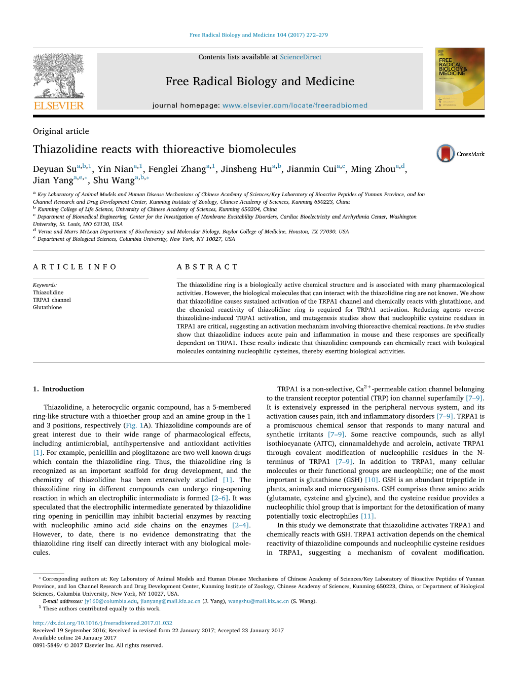 Thiazolidine Reacts with Thioreactive Biomolecules