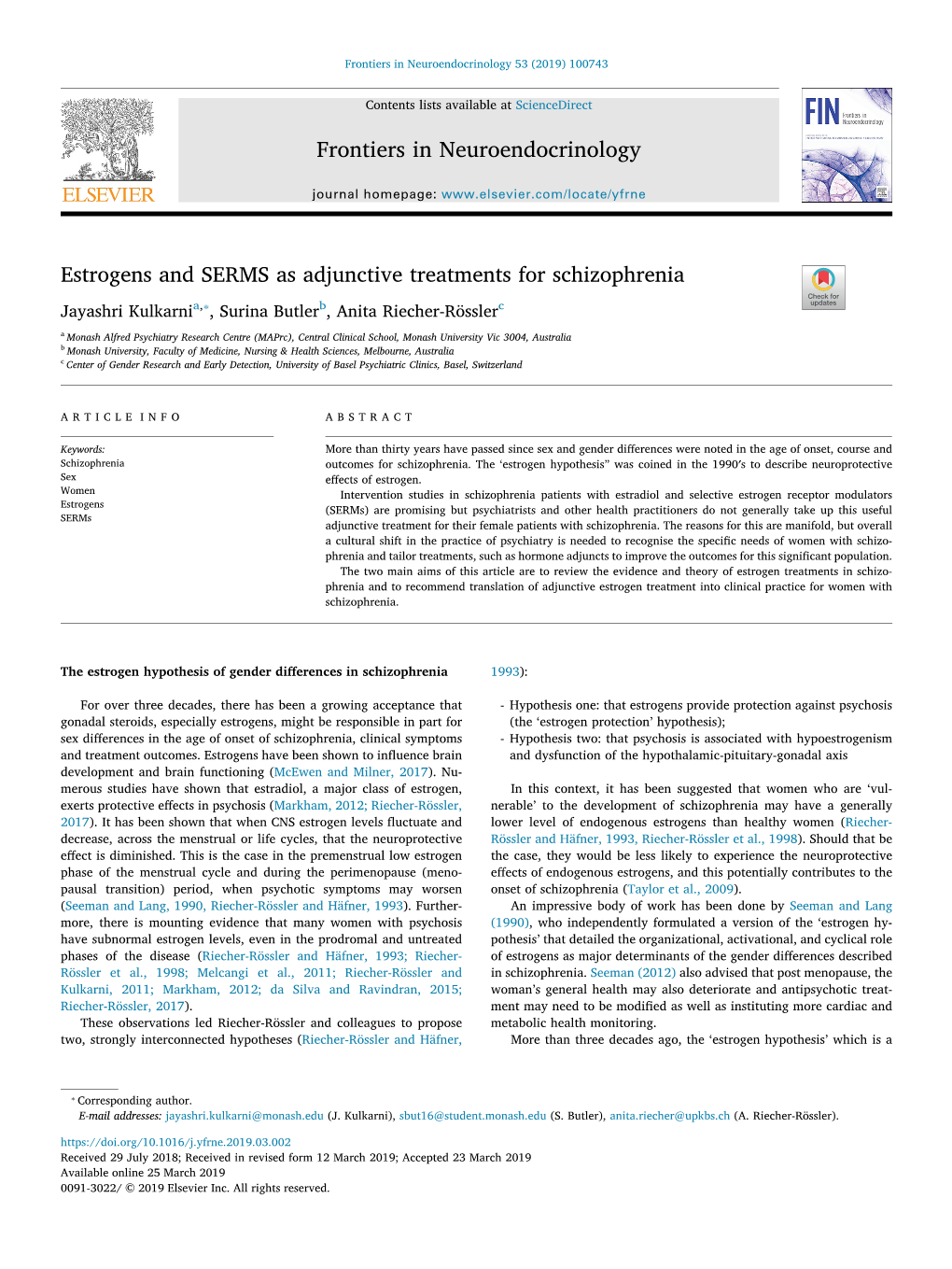 Estrogens and SERMS As Adjunctive Treatments for Schizophrenia