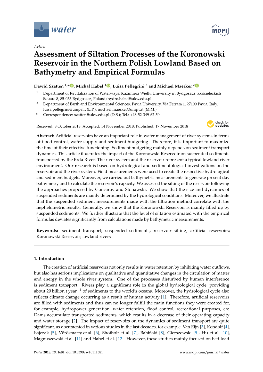 Assessment of Siltation Processes of the Koronowski Reservoir in the Northern Polish Lowland Based on Bathymetry and Empirical Formulas