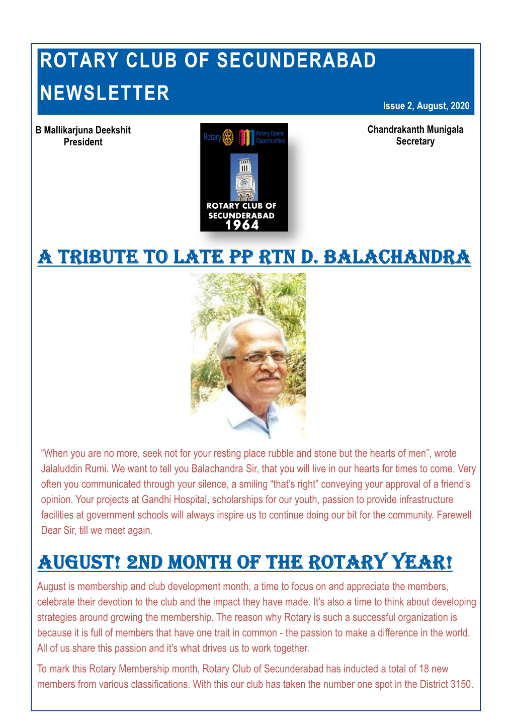 ROTARY CLUB of SECUNDERABAD NEWSLETTER Issue 2, August, 2020