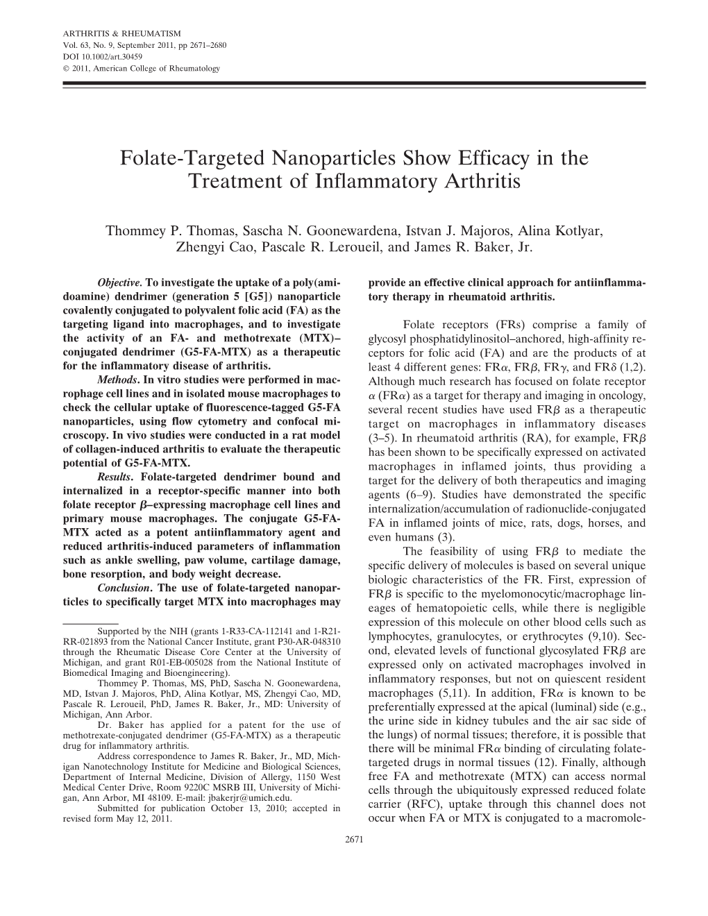 Folatetargeted Nanoparticles Show Efficacy in the Treatment Of