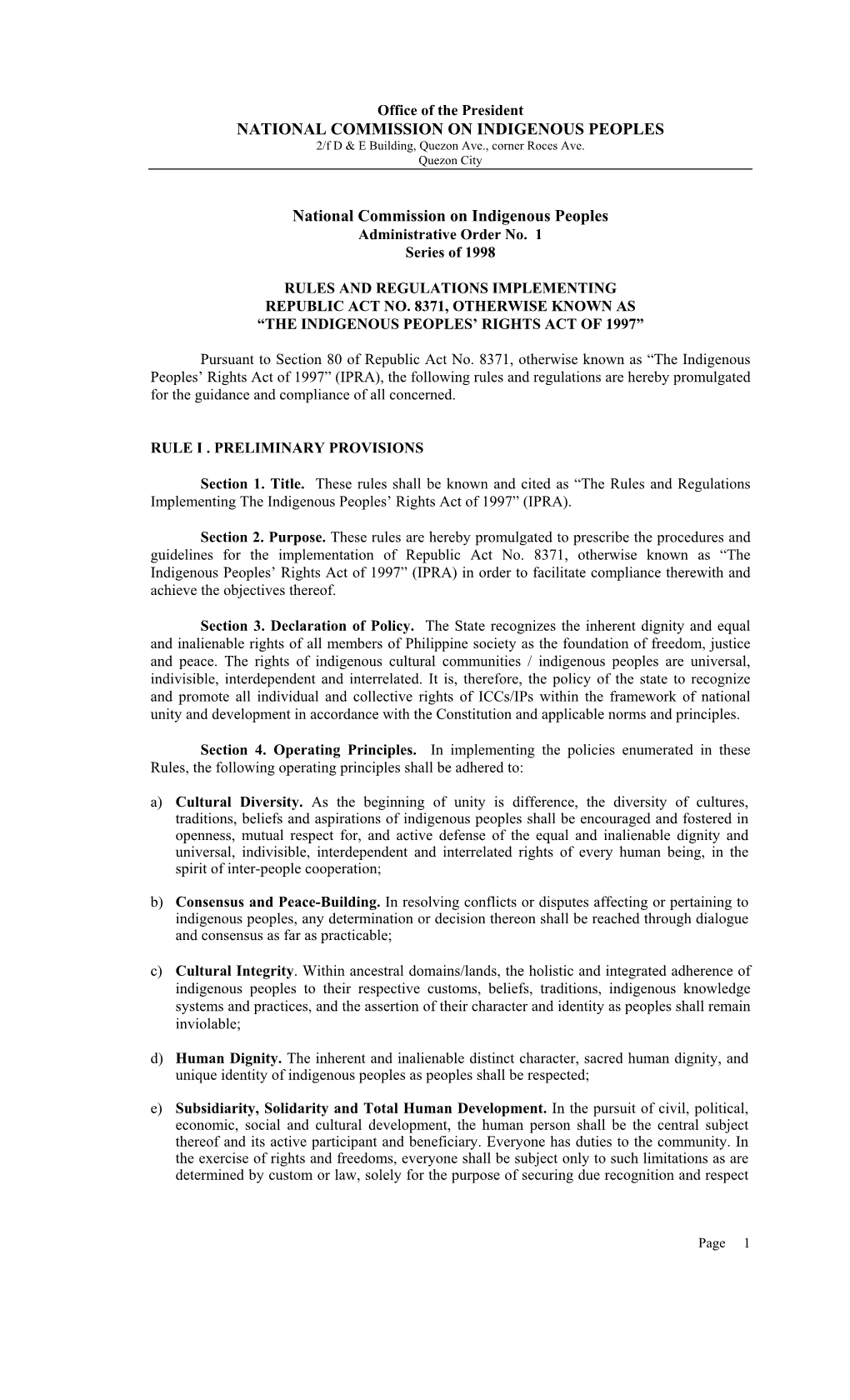 Rules and Regulations Implementing Republic Act No. 8371, Otherwise Known As “The Indigenous Peoples’ Rights Act of 1997”