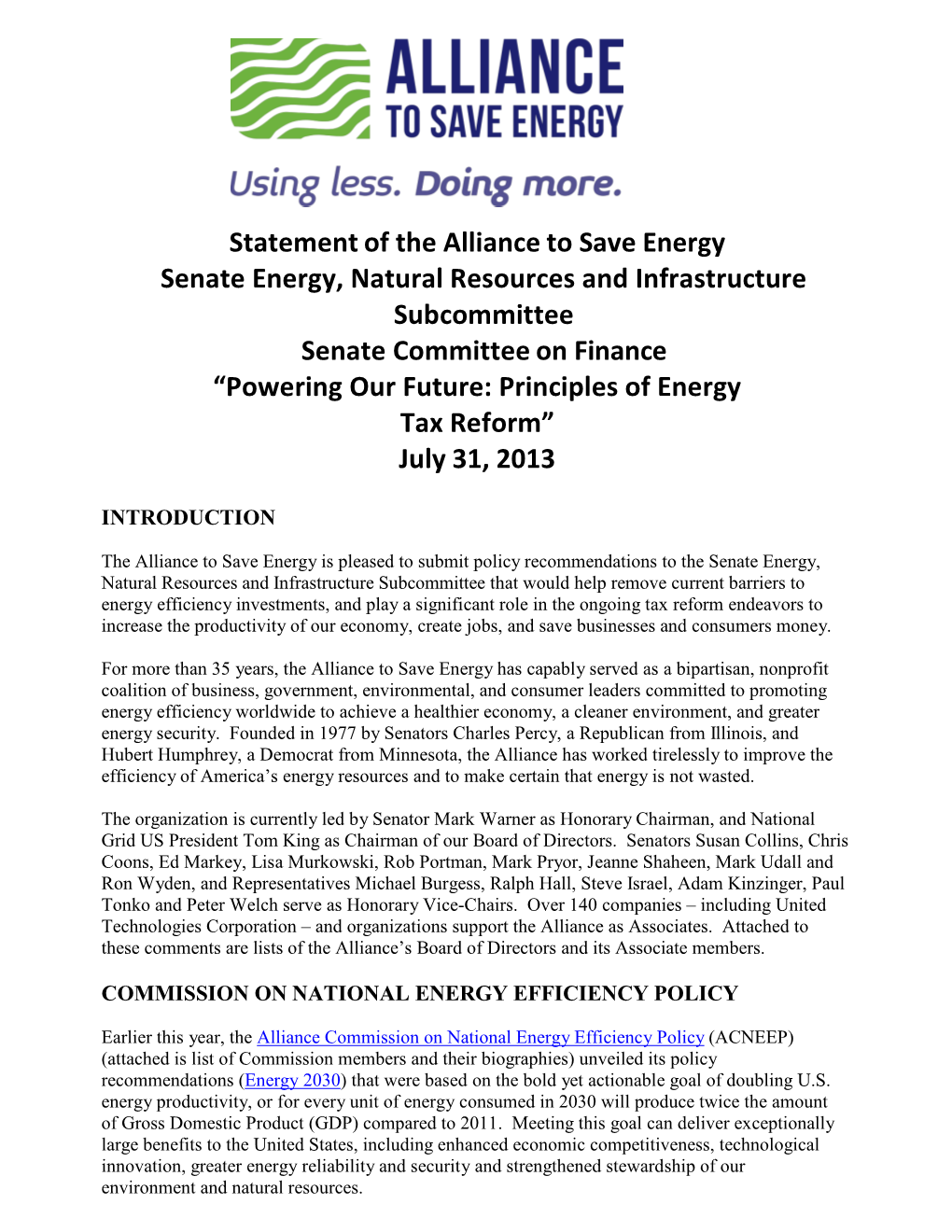 Statement of the Alliance to Save Energy Senate Energy, Natural