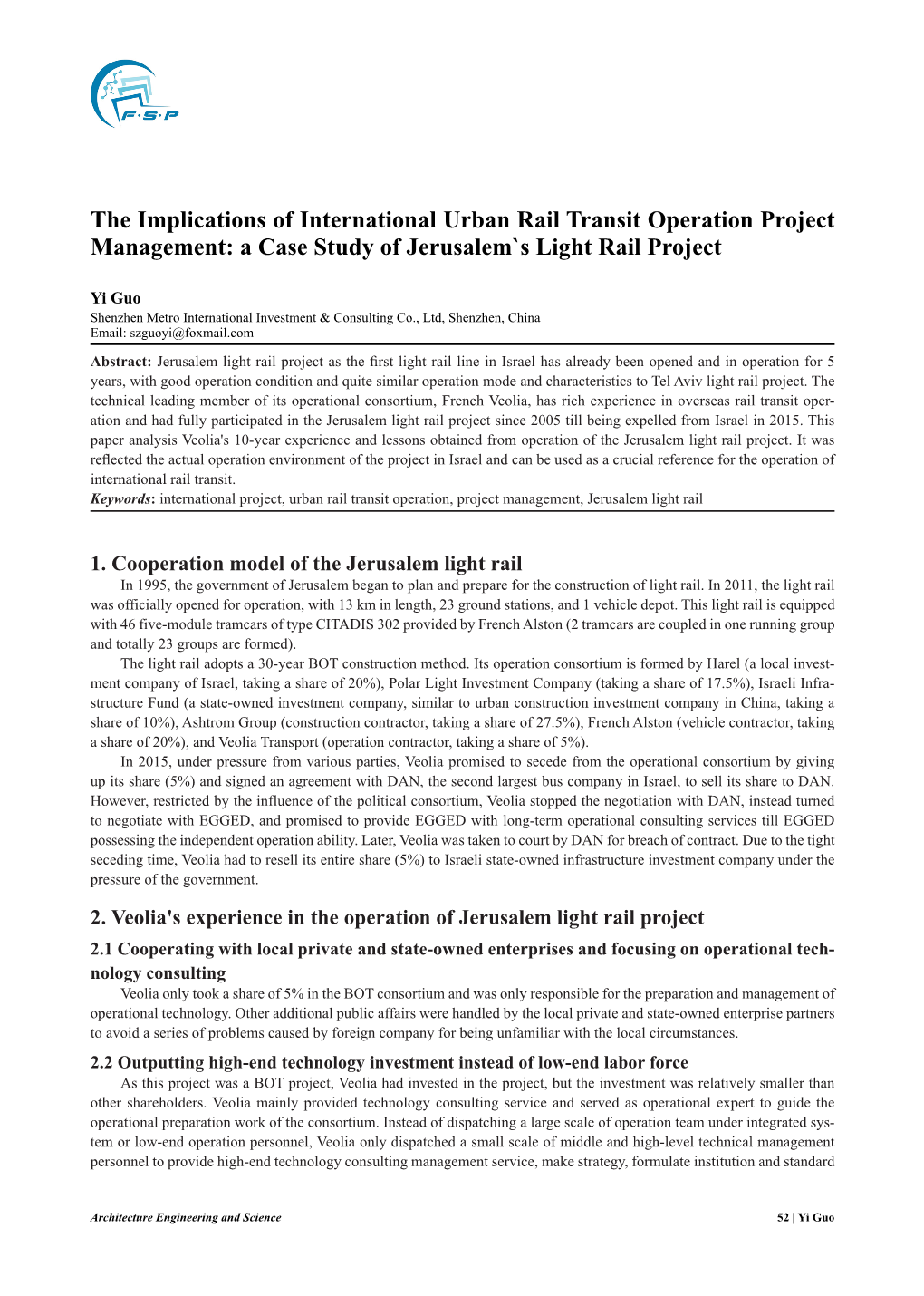 The Implications of International Urban Rail Transit Operation Project Management: a Case Study of Jerusalem`S Light Rail Project