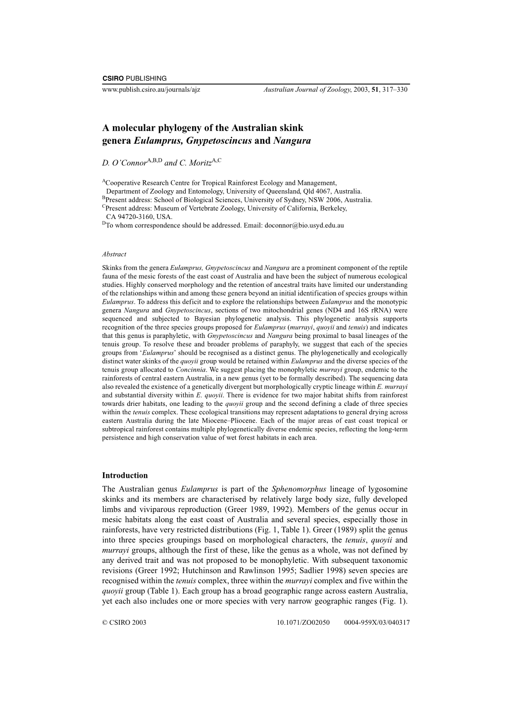 A Molecular Phylogeny of the Australian Skink Genera Eulamprus, Gnypetoscincus and Nangura