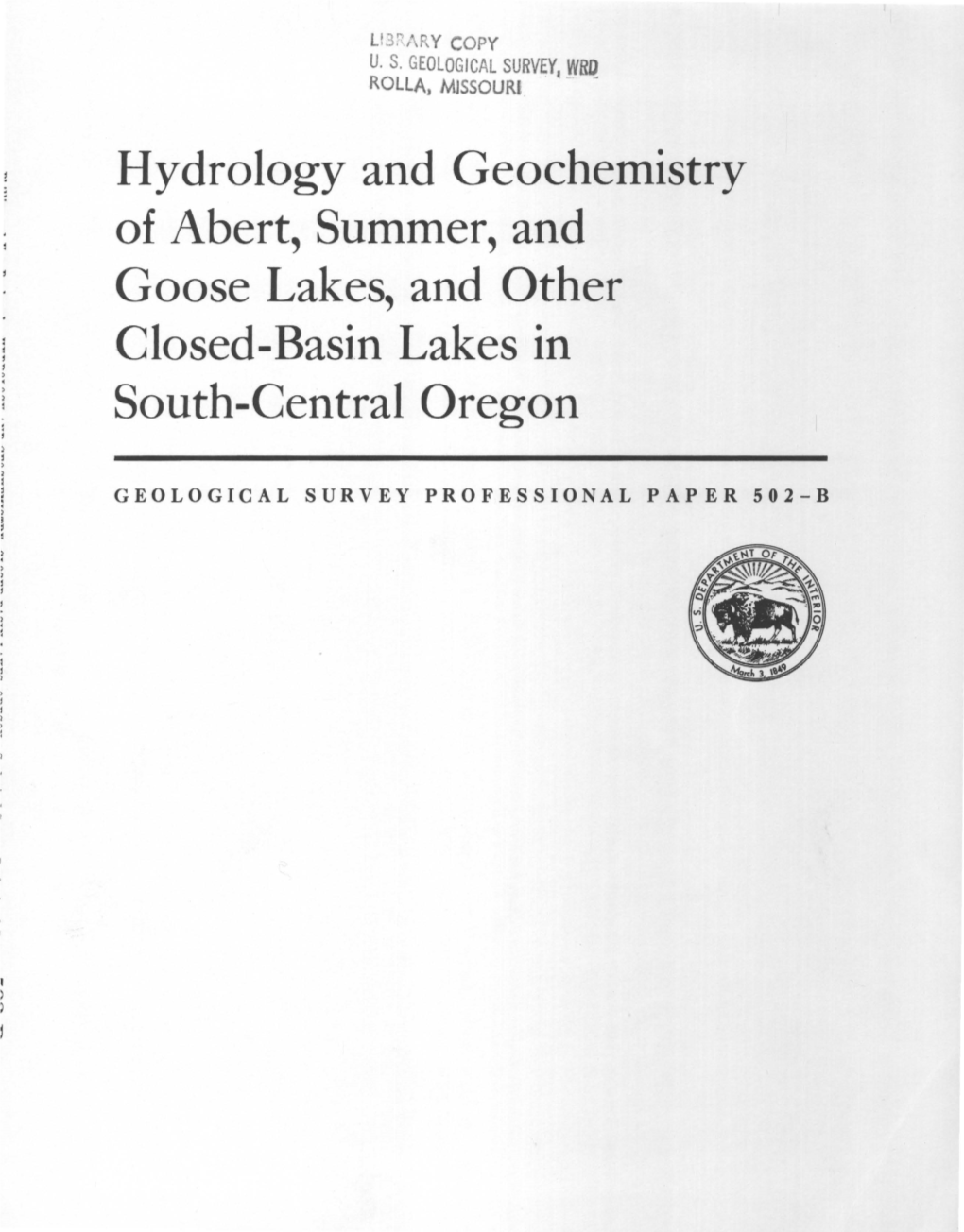 Hydrology and Geochemistry of Abert, Summer, and Goose Lakes, and Other Closed-Basin Lakes in South-Central Oregon
