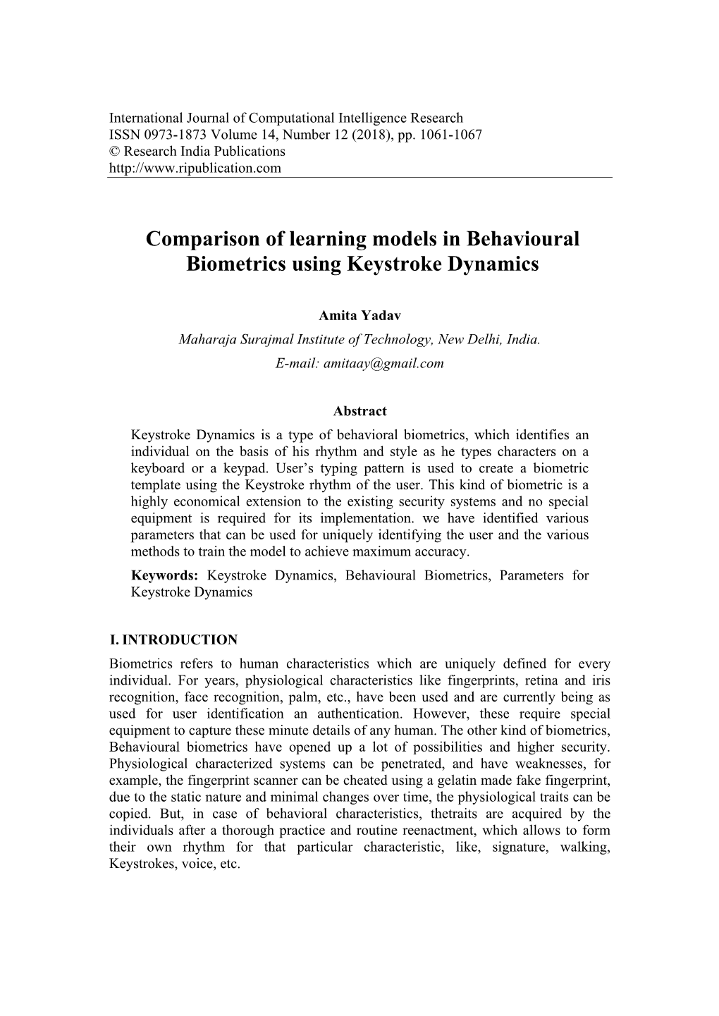 Comparison of Learning Models in Behavioural Biometrics Using Keystroke Dynamics