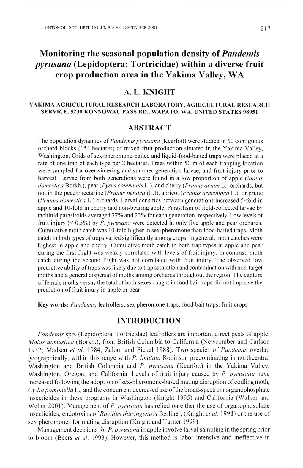 Monitoring the Seasonal Population Density of Pandemis Pyrusana (Lepidoptera: Tortricidae) Within a Diverse Fruit Crop Production Area in the Yakima Valley, WA