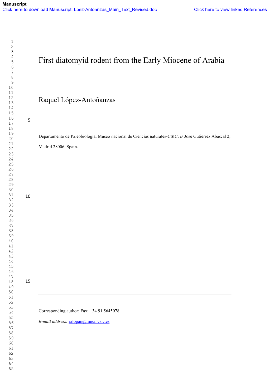 First Diatomyid Rodent from the Early Miocene of Arabia 6 7 8 9 10 11 12