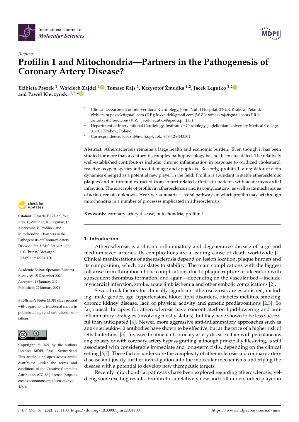 Profilin 1 and Mitochondria—Partners in the Pathogenesis of Coronary