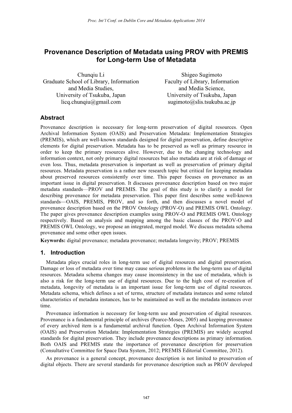 Provenance Description of Metadata Using PROV with PREMIS for Long-Term Use of Metadata