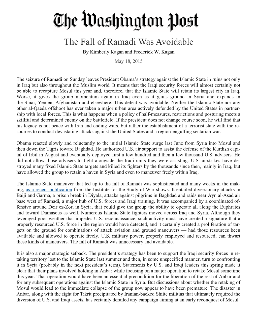 Wapo Online Op-Ed MAY 2015 -- Fall of Ramadi Was Avoidable.Pub