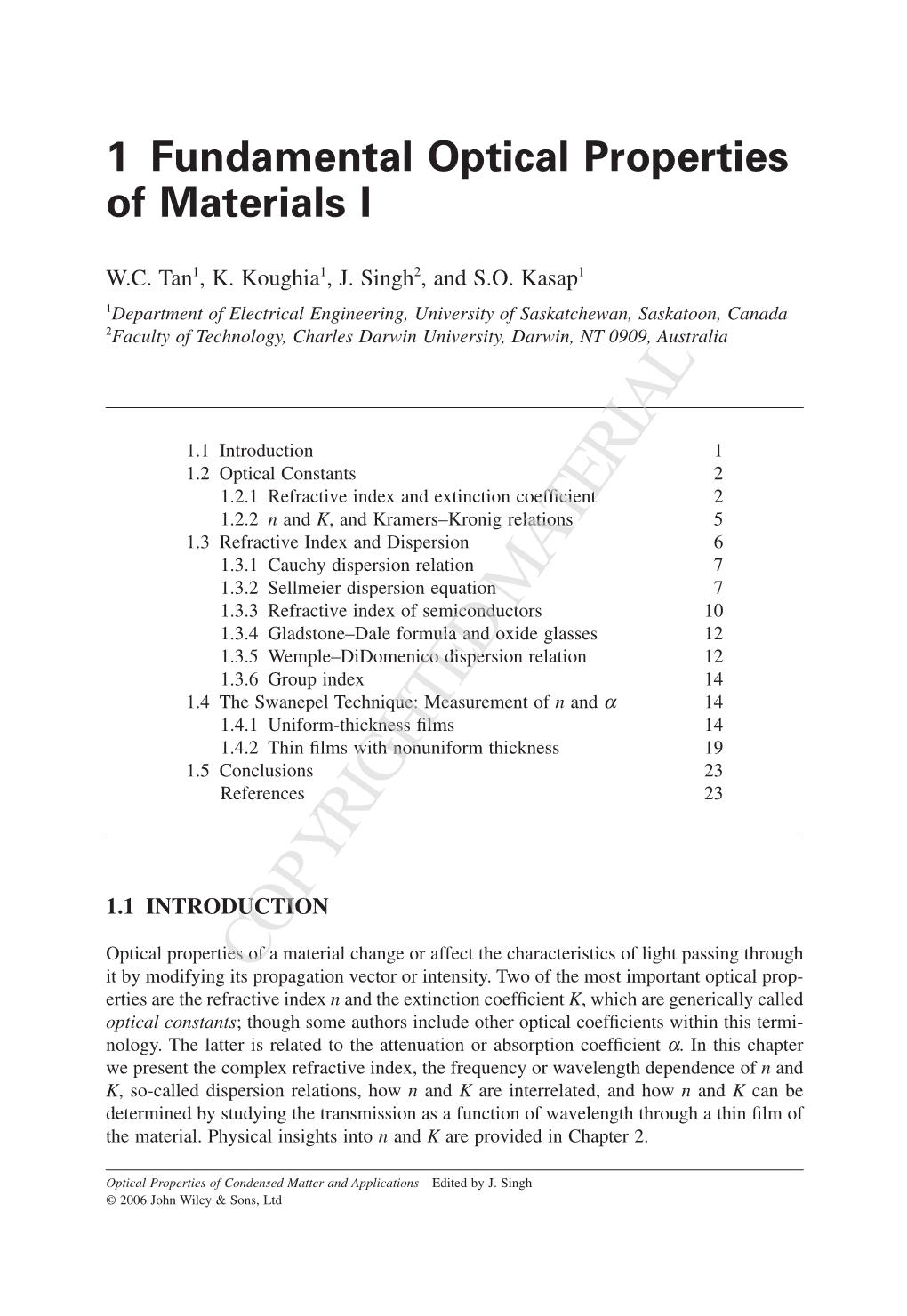 1 Fundamental Optical Properties of Materials I