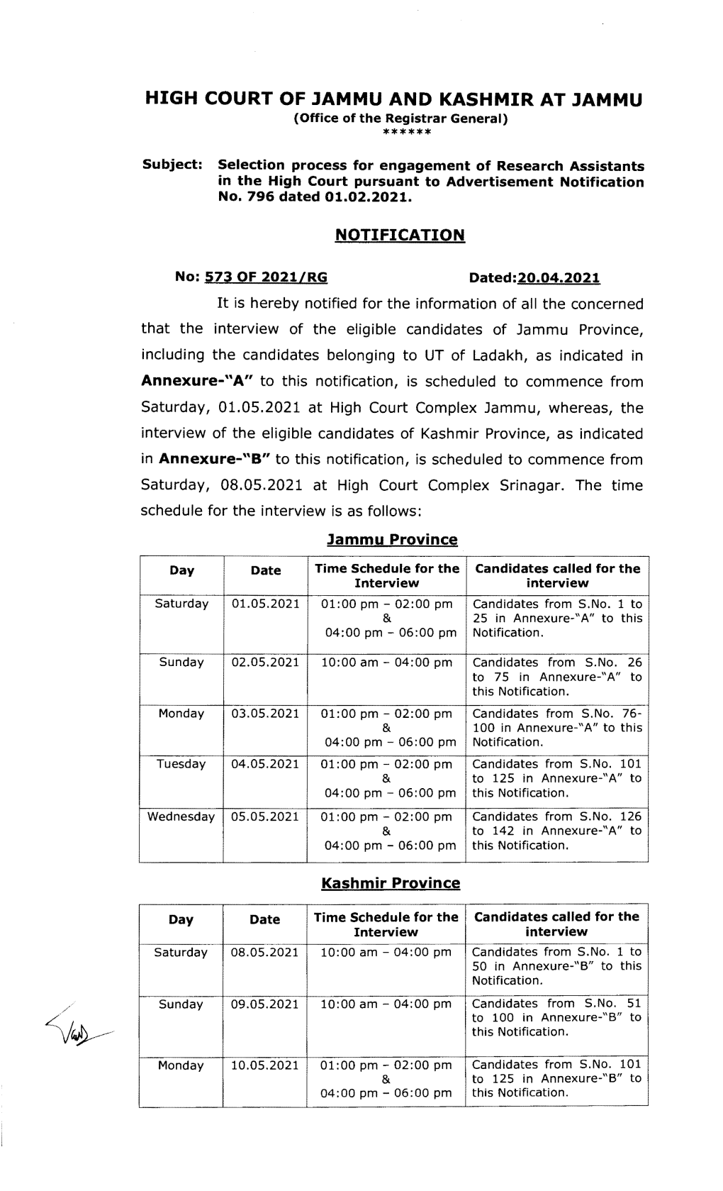 Selection Process for Engagement of Research Assistants in the High Court Pursuant to Advertisement Notification No