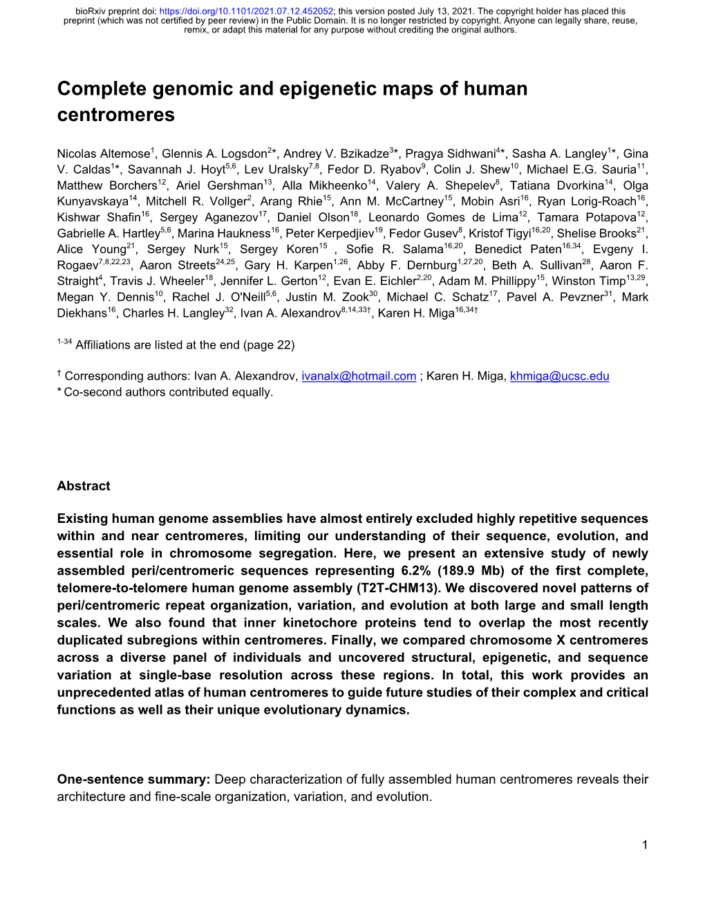 Complete Genomic and Epigenetic Maps of Human Centromeres