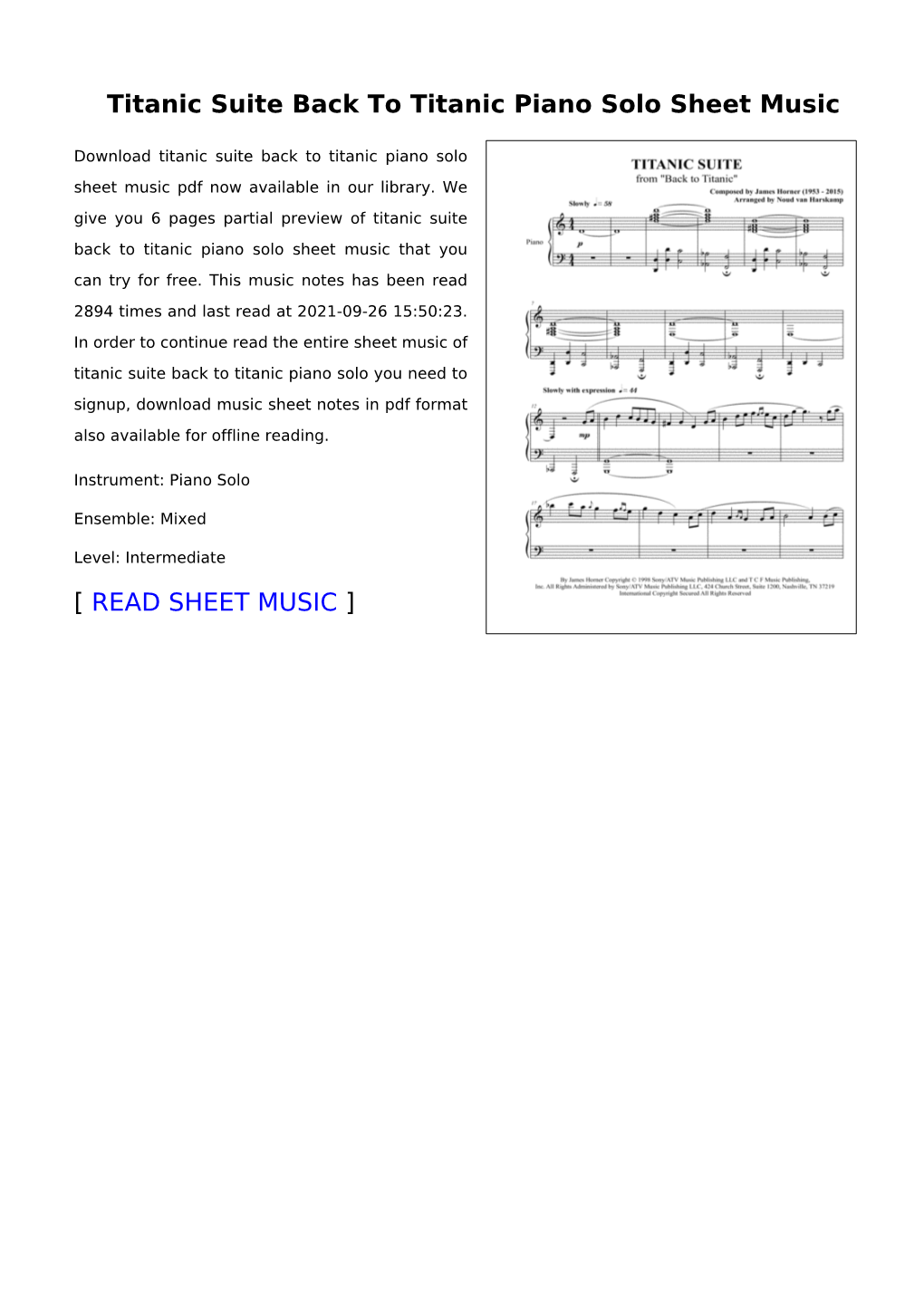 Titanic Suite Back to Titanic Piano Solo Sheet Music