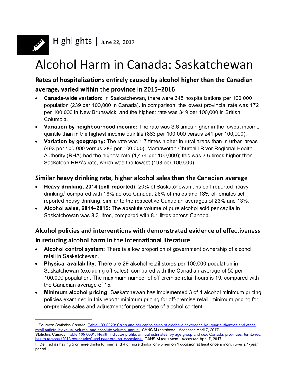 Alcohol Harm in Canada: Saskatchewan