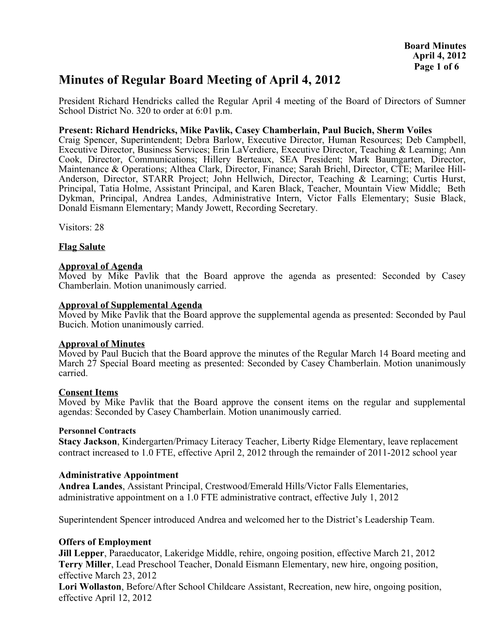 Minutes of Regular Board Meeting of April 4, 2012