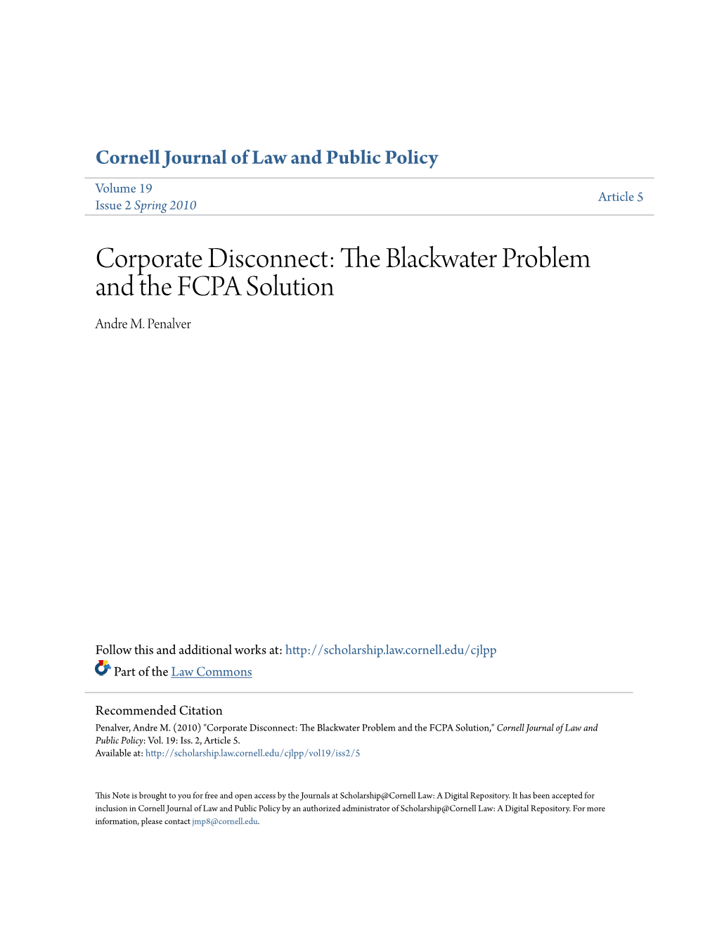 The Blackwater Problem and the Fcpa Solution