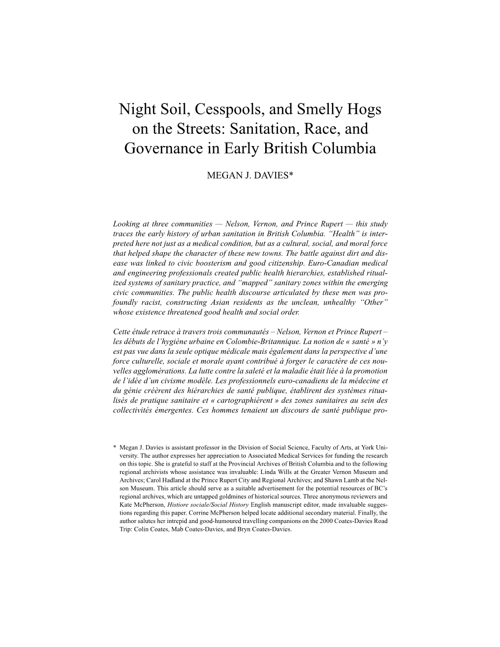 Sanitation, Race, and Governance in Early British Columbia