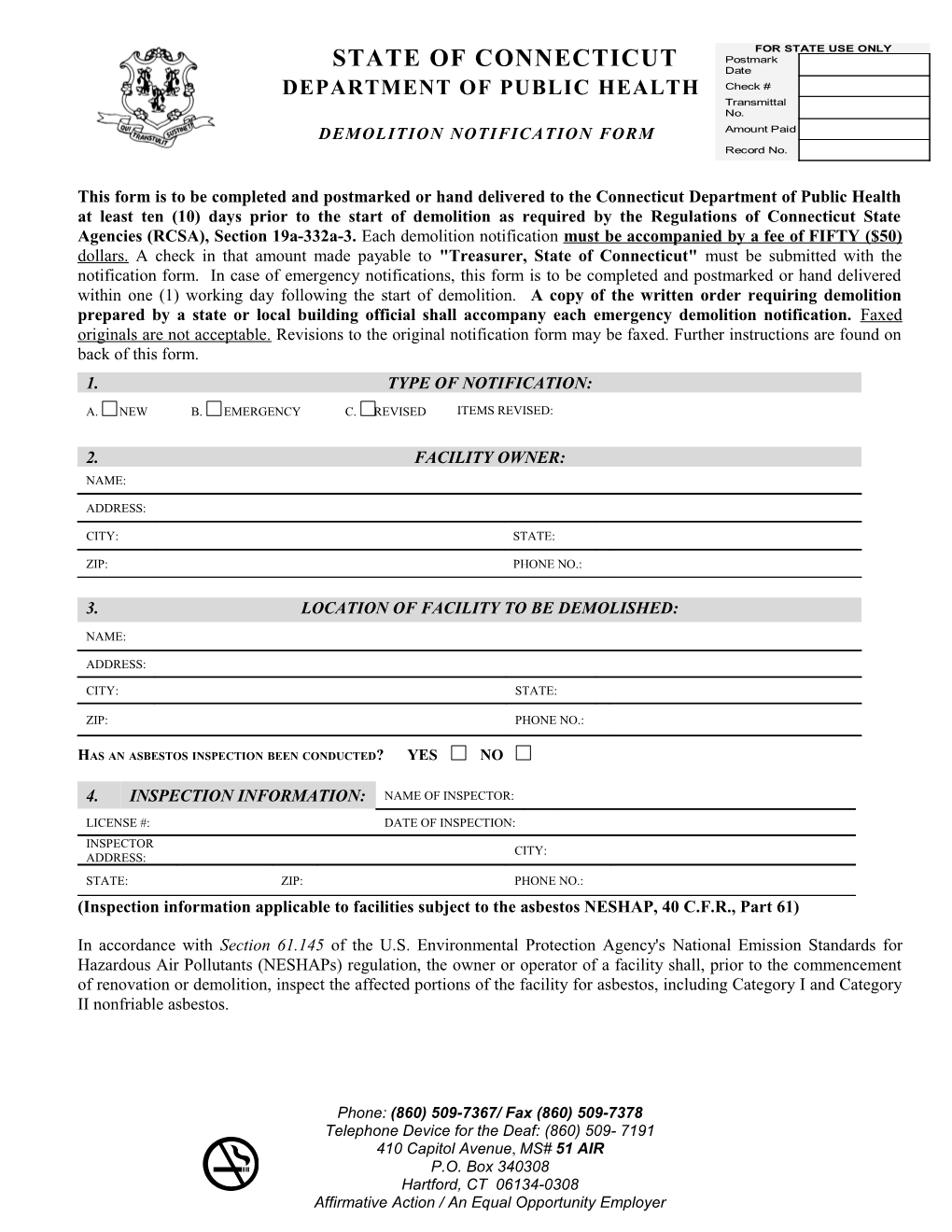 This Form Is to Be Completed, Postmarked and Filed with the Connecticut Ddemolition Notification