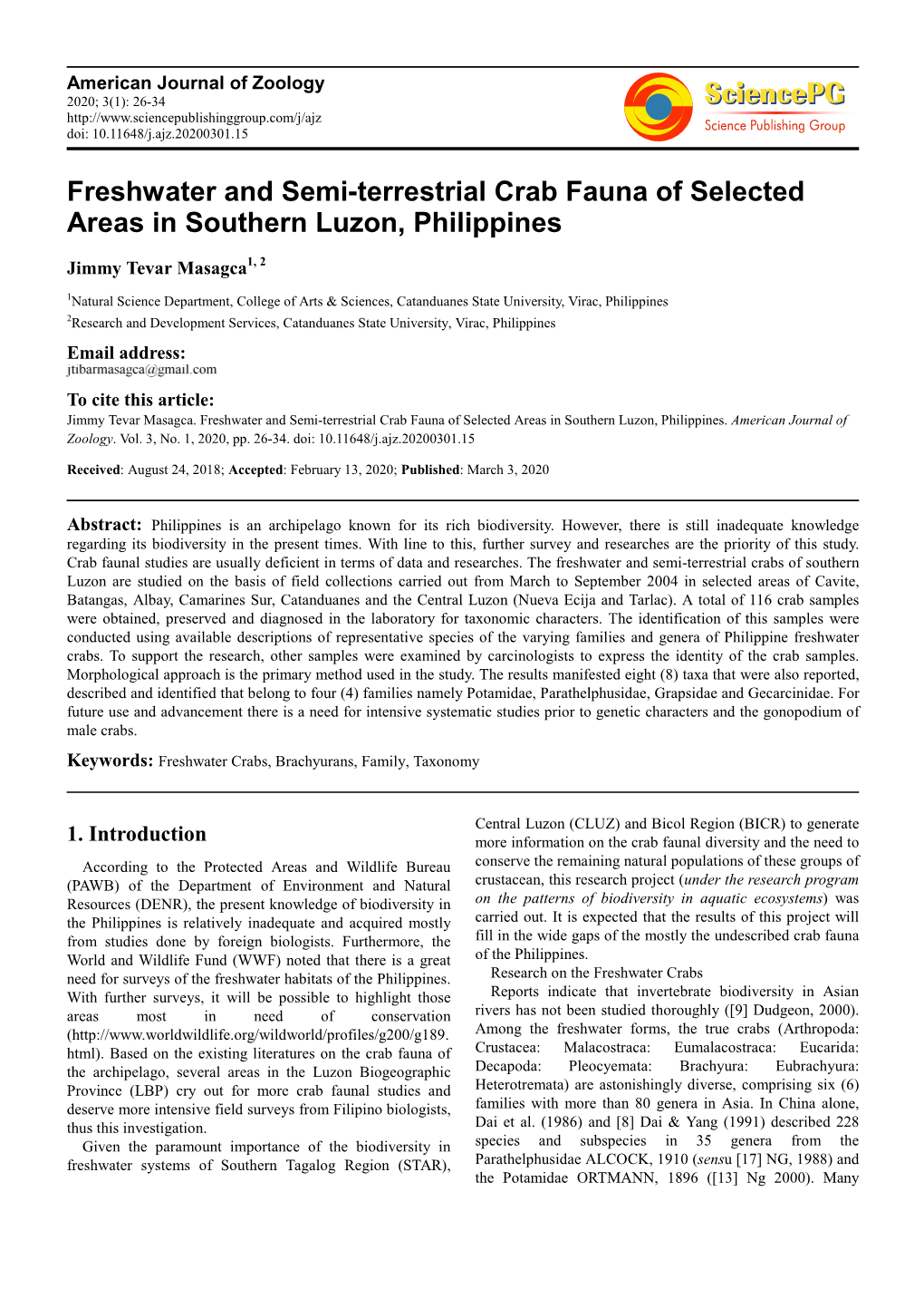 Freshwater and Semi-Terrestrial Crab Fauna of Selected Areas in Southern Luzon, Philippines