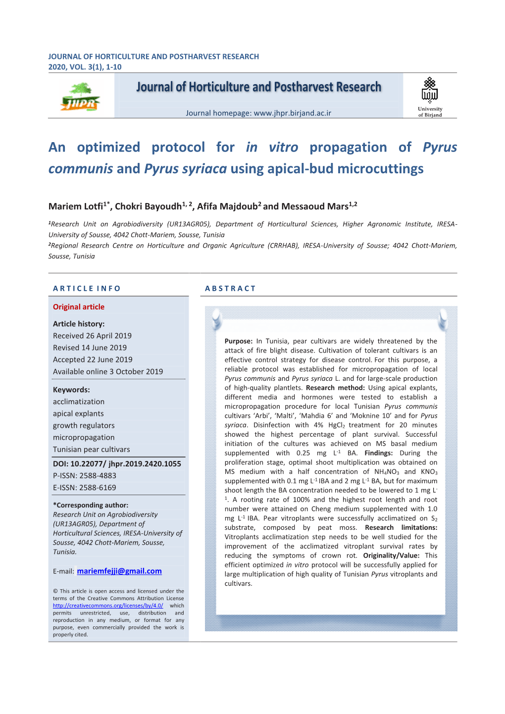 An Optimized Protocol for in Vitro Propagation of Pyrus Communis and Pyrus Syriaca Using Apical-Bud Microcuttings