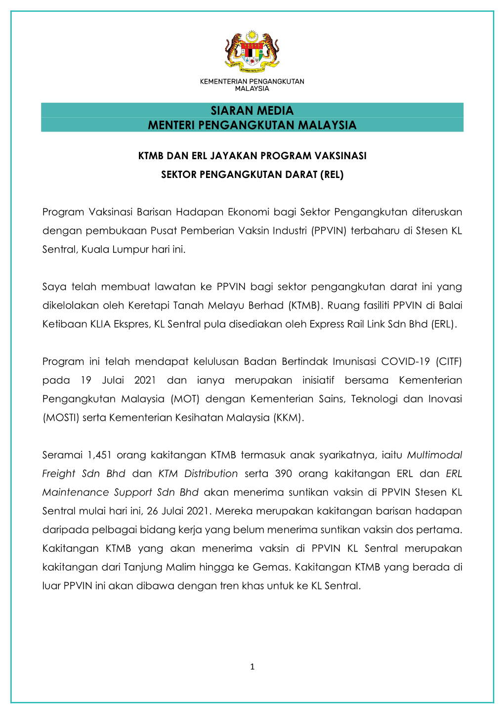 Ktmb Dan Erl Jayakan Program Vaksinasi Sektor Pengangkutan Darat (Rel)