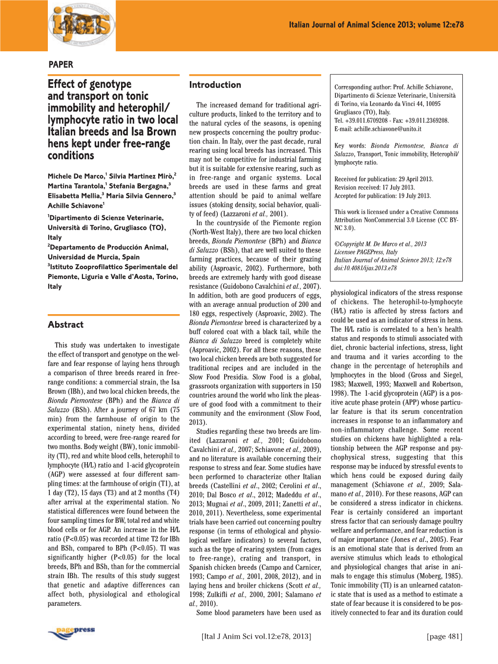 Effect of Genotype and Transport on Tonic Immobility And