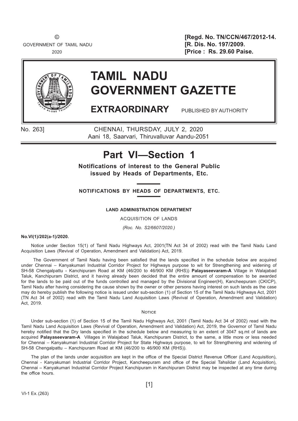 263] CHENNAI, THURSDAY, JULY 2, 2020 Aani 18, Saarvari, Thiruvalluvar Aandu-2051