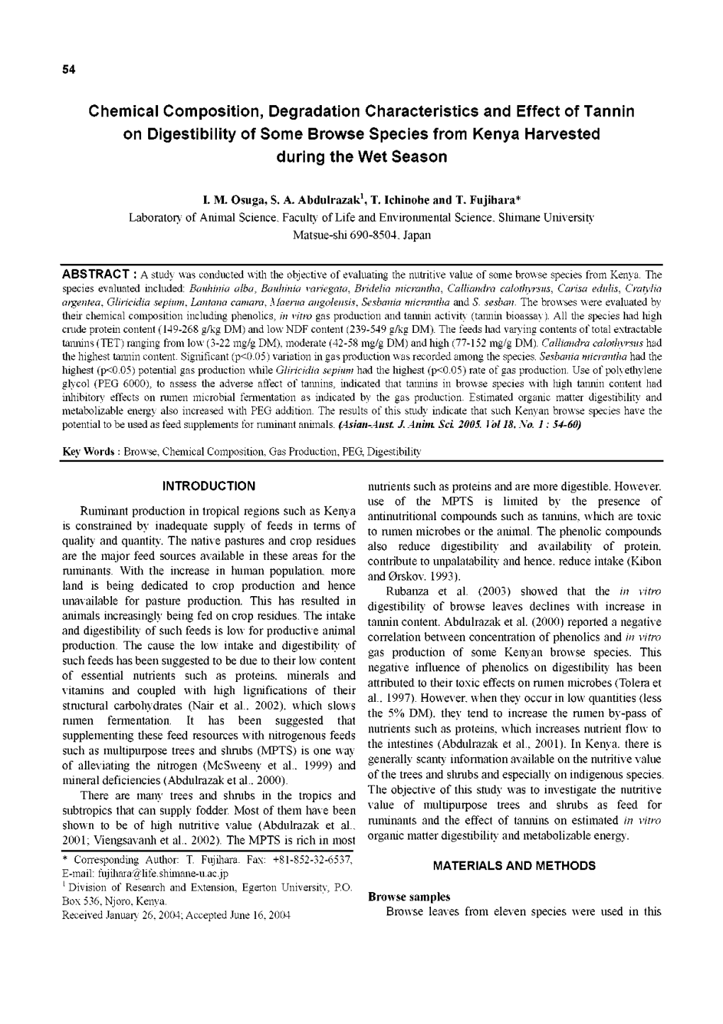 Chemical Composition, Degradation Characteristics and Effect of Tannin on Digestibility of Some Browse Species from Kenya Harvested During the Wet Season