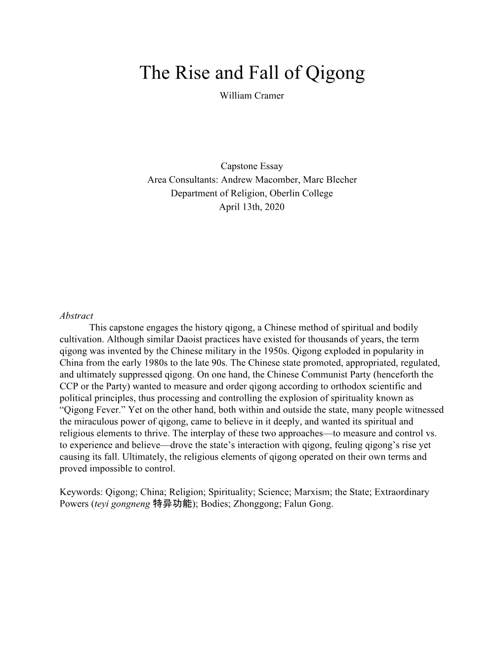 The Rise and Fall of Qigong William Cramer