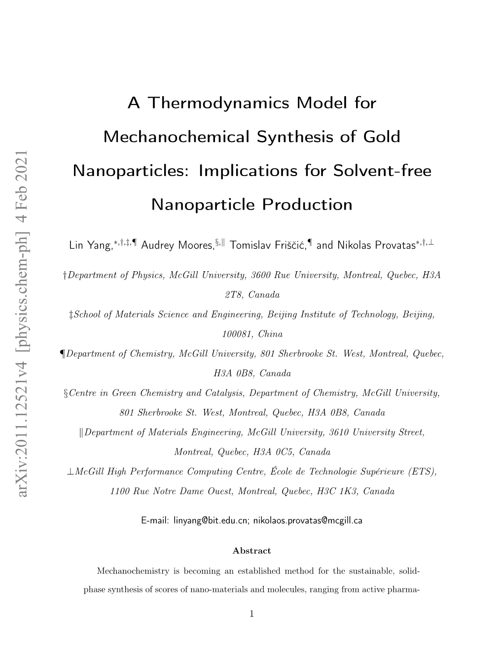 A Thermodynamics Model for Mechanochemical Synthesis of Gold Nanoparticles: Implications for Solvent-Free Nanoparticle Production