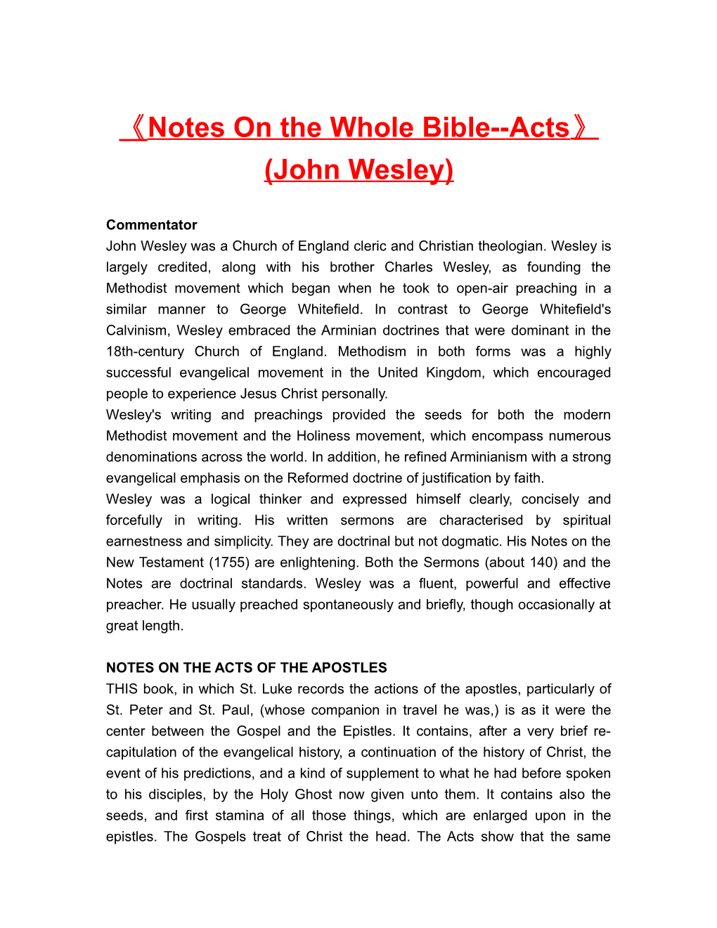 Notes on the Whole Bible Acts (John Wesley)