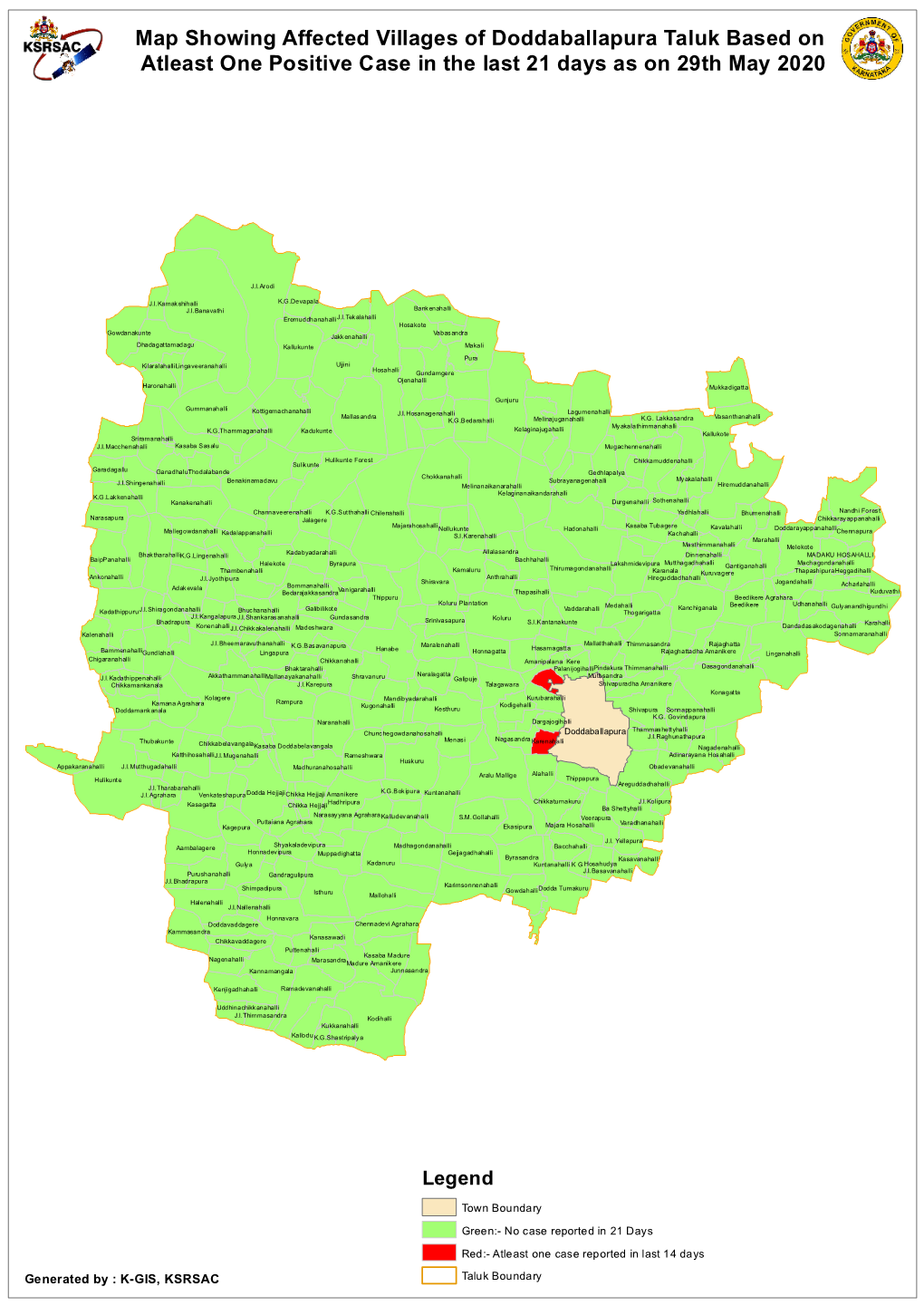 Map Showing Affected Villages of Doddaballapura Taluk Based on Atleast One Positive Case in the Last 21 Days As on 29Th May 2020