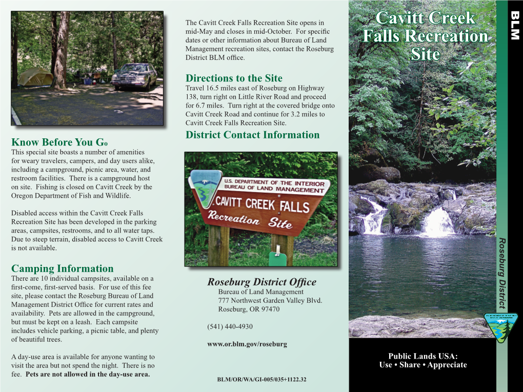 Cavitt Creek Falls Recreation Site Opens in Cavitcavitt Creek Creek Mid-May and Closes in Mid-October