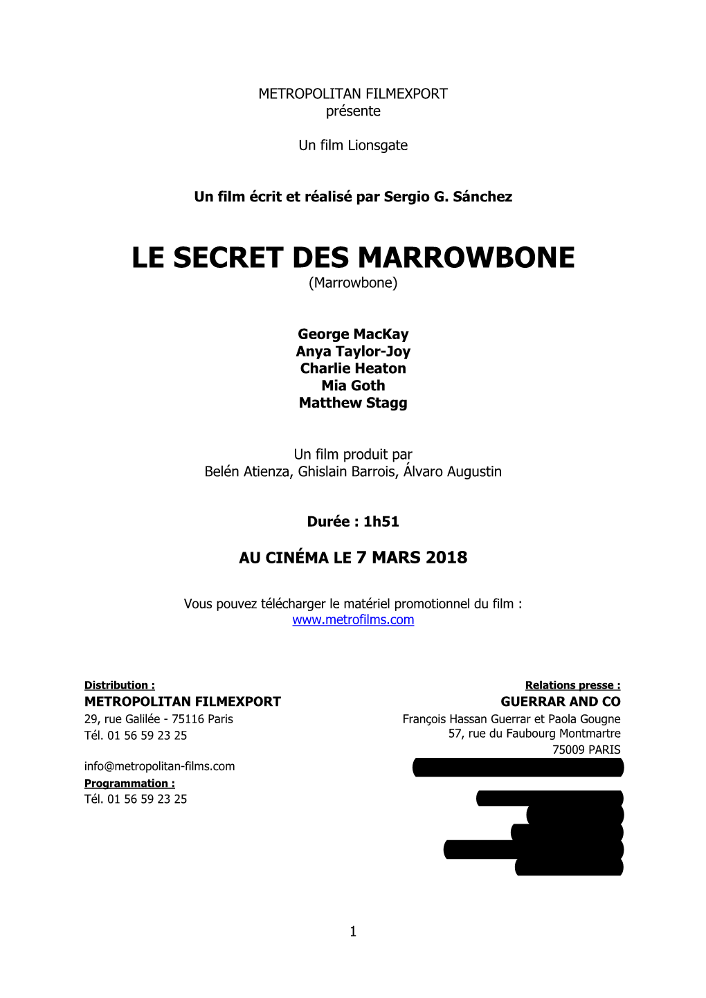 LE SECRET DES MARROWBONE (Marrowbone)