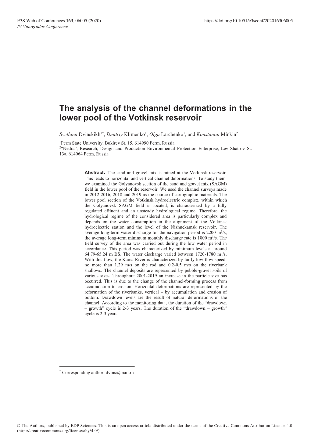 The Analysis of the Channel Deformations in the Lower Pool of the Votkinsk Reservoir