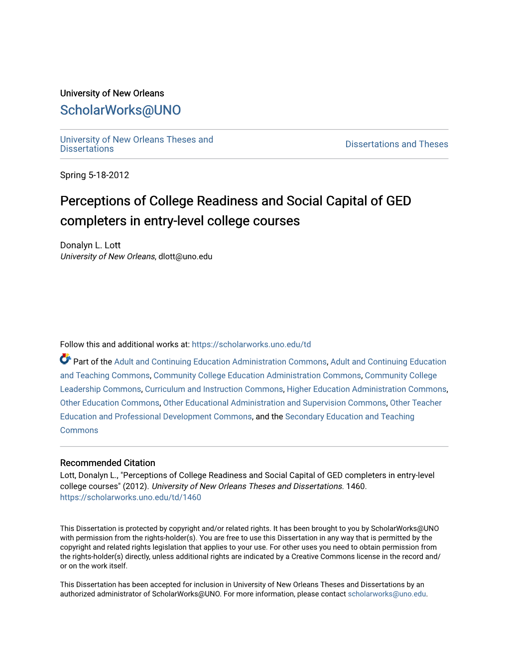 Perceptions of College Readiness and Social Capital of GED Completers in Entry-Level College Courses