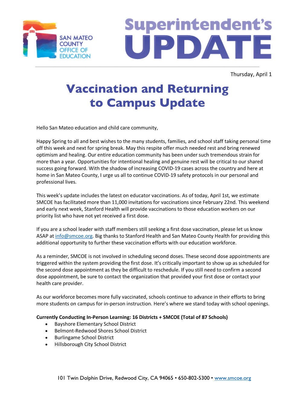 Vaccination and Returning to Campus Update
