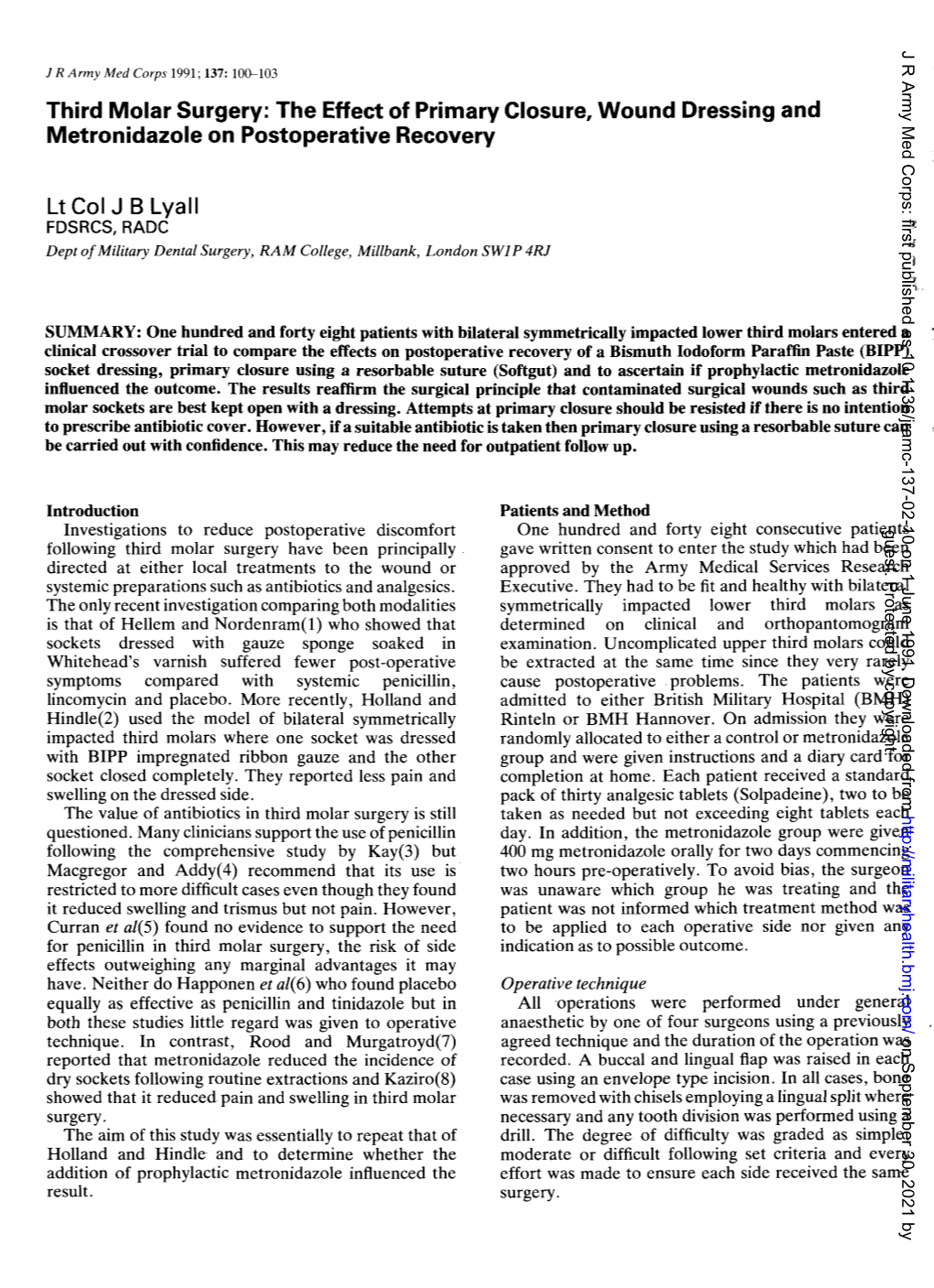 JB Lyall. Third Molar Surgery: the Effect of Primary Closure, Wound