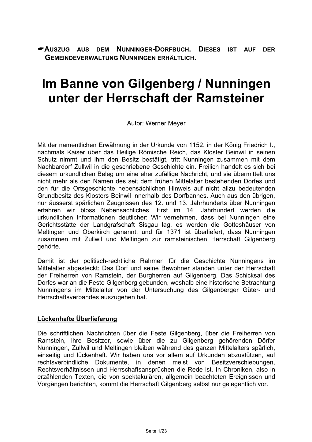 Im Banne Von Gilgenberg / Nunningen Unter Der Herrschaft Der Ramsteiner