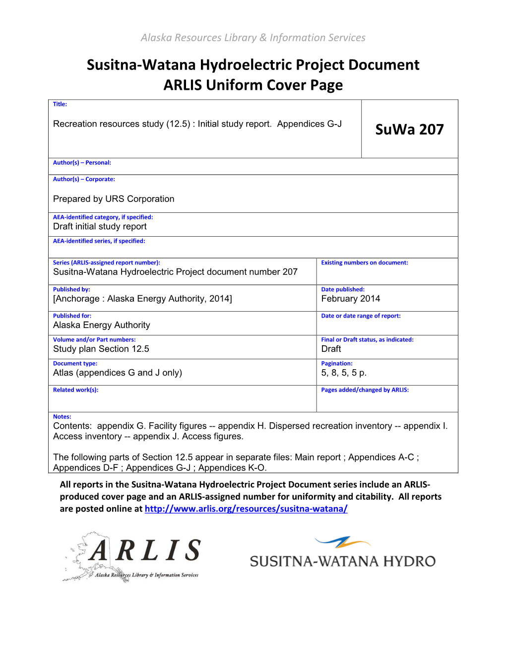 Susitna-Watana Hydroelectric Project Document ARLIS Uniform Cover Page Title
